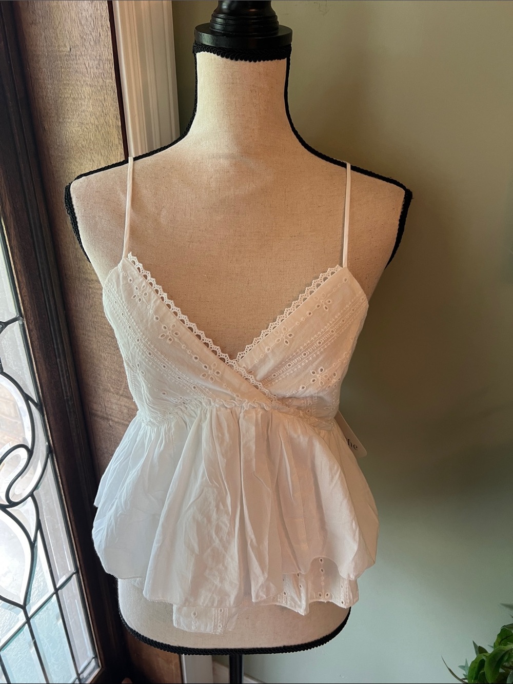 White Eyelet Spaghetti Strap Peplum Top